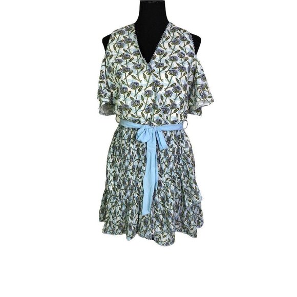 FOXIEDOX‎ LEXIE COLD SHOULDER WRAP DRESS BLUE MULTI COLOR TIE NEW SZ S - Picture 2 of 12